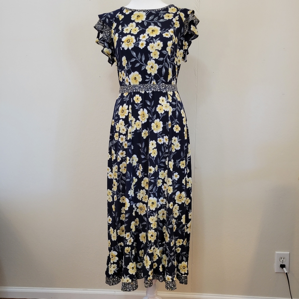 Perceptions Navy Yellow Floral Maxi Flutter Sleeve Fitted Dress Size Small